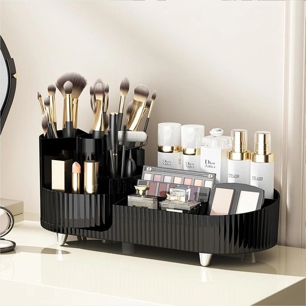 Large Capacity Rotating Makeup Organizer for Desk, Dresser, and Bathroom - Black