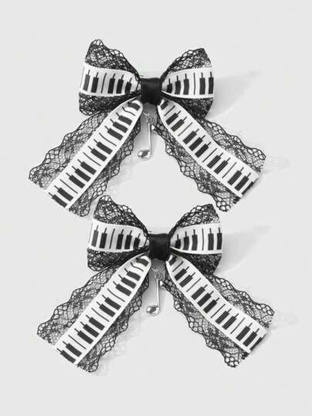 ROMWE Kawaii 2pcs Minimalist Versatile Vintage Chic High-Quality Black & White Musical Note & Bowknot Pendant DIY Hair Clip, Side Clip Combo Set, Suitable For Women, Girls, Daily Wear, Holiday Gift