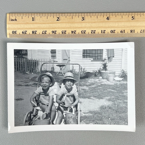 Vintage 1960s Photo Identical Twins Matching Outfits Double Stroller Buckets 70s