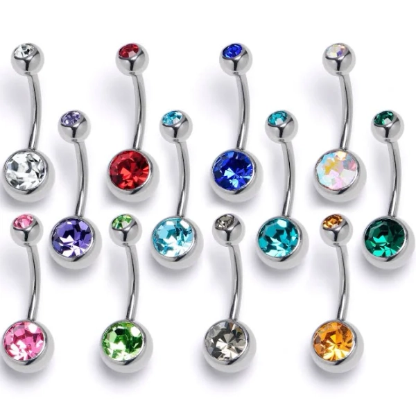 12-Piece Stainless Steel Double Gem Belly Ring Pack