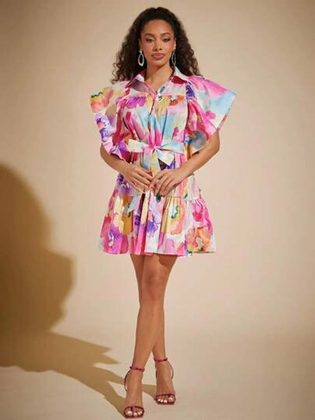 Vixey Floral Print Ruffle Sleeve Dress, Boho, Brunch Outfits For Women, Vacation Outfit, Spring Outfit, Summer Outfit, Summer Dresses