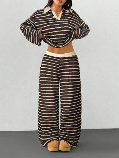 SHEIN PETITE Women's 2pcs Set Loose Striped V-Neck Drop Shoulder Long Sleeve T-Shirt &Elastic Waist Striped Pants, Winter Sweater Suit ,Autumn/Winter Brown 2 Piece Set Two Piece Set Women Comfy Striped Two Piece Set Pants Two Piece Set Comfortable Two Piece Set,Cozy Fall And Winter Clothes For Women,Fall,Fall Clothes For Women