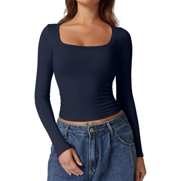 Women's Scoop Neck Long Sleeve Seamless Crop T-Shirt