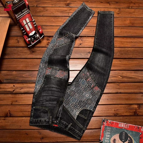Stitching Embroidered Jeans Men's Contrast Color Fashion Stretch Slim Fit Skinny Personality Trend Fashion Motorcycle Trousers - AliExpress 200000343