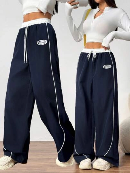 Teen Girl Casual Patchwork Belt Waistline Contrasting Trim Decor Relaxed Fit Wide-Leg Woven Long Pants, Fashionable Loose Casual Trousers, Valentine's Day
