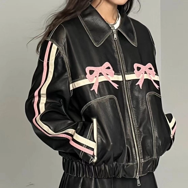 Kawaii Aesthetic Coquette Womens Pink Bow Leather Jacket