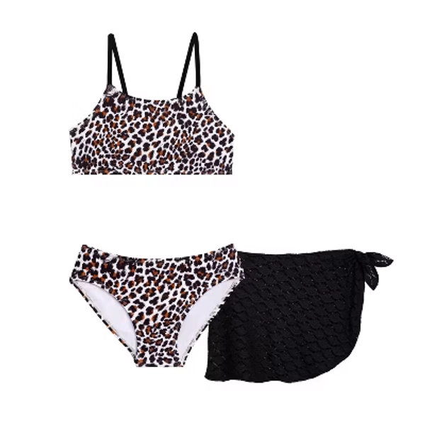 Aqua Green Girls 3-Piece Bikini Set with Crochet Sarong Coverup