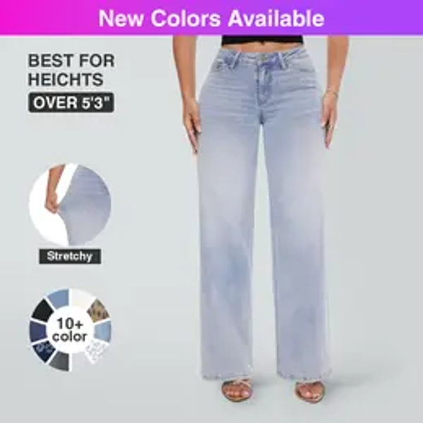 MagicA ONESO Mid-low Rise Baggy Jeans Stretchy Wide Leg for Women Distressed Pants Light Blue/Dark Blue Womenswear Bottom 8001 Lady Basic Minimalist Comfortable Denim Tummy Control Curve Hugging Plus Size Regular Size BBL