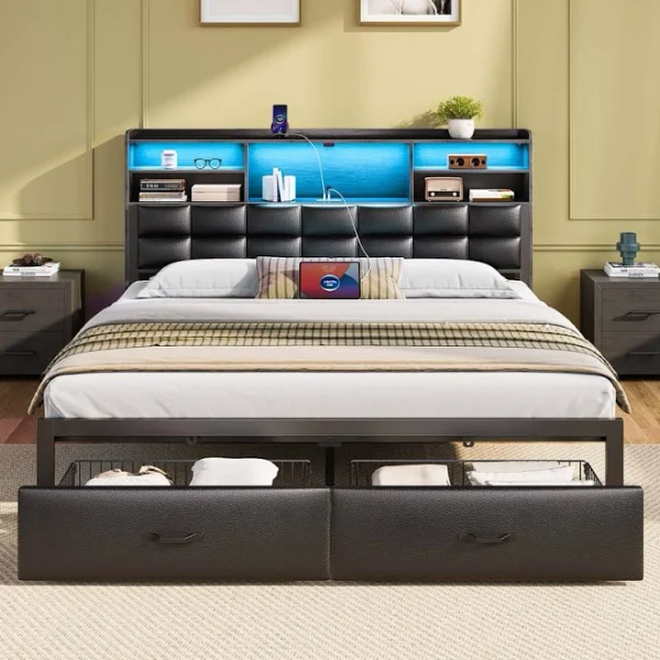 Bed Frame with Drawers and Headboard, Upholstered Storage Bed with Charging Station and LED Lights Wrought Studio