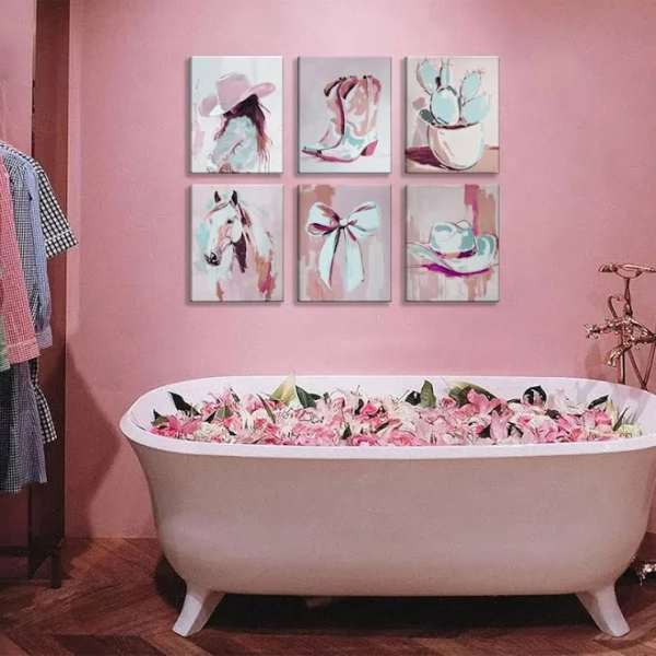 6pcs Pink Western Cowgirl Canvas Wall Art