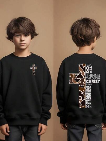 Boys' Clothing: "Faith-Inspired Boys' Crewneck Sweatshirt | Reversible "Camo Cross + Bible Verse" Print. Perfect For Religious Gatherings, Everyday Inspirational Wear, And Parent-Child Spiritual Interaction: Unlock The Power Of Faith And American Casual Style."