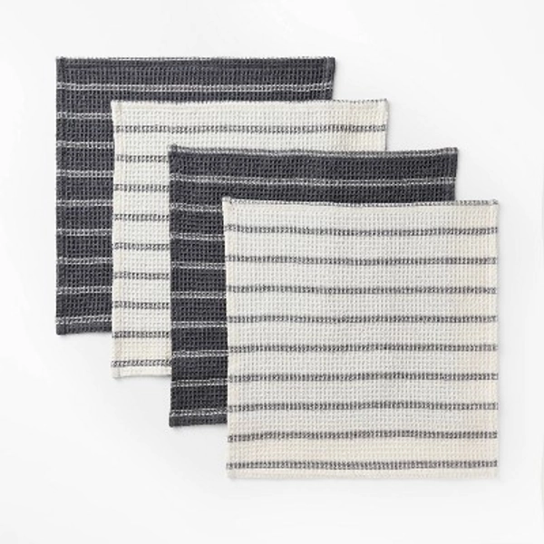 4pk Dish Cloth Set Dark Gray - Figmint™: Cotton Waffle Stripe Kitchen Towels, 12"x12", Machine Washable