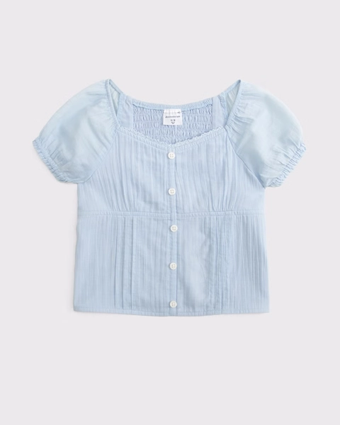 100% cotton button-through puff-sleeve top