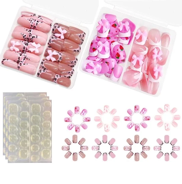 96 PCS Press On Nails for Girls and Kids - Pink Bow Leopard Print French Fake Nails with Strawberry Flower Designs Short ABS Acrylic Nail Tips with