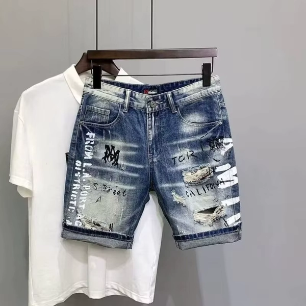 Summer 2025 Korean Pants Elastic Men's Hot Diamond Denim Small Feet Slim Casual Medium Pants Shorts Printed Washed Short Jeans