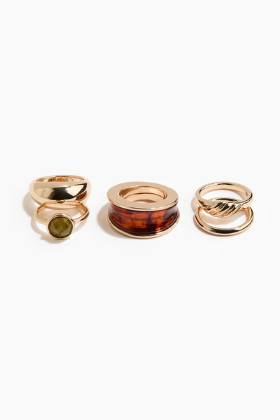 Lot de 5 bagues - Doré/vert/marron