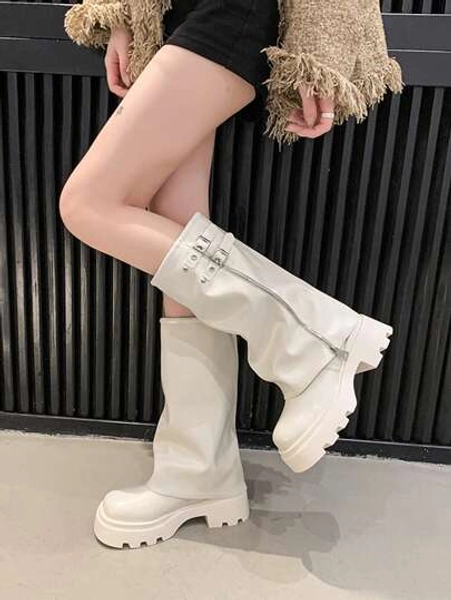 Vintage Western Cowboy Boots For Women, Thick Bottom Platform Mid-Calf Boots With Zipper, Knight Boots With Belt Buckle, Round Toe Chunky Heel Riding Boots