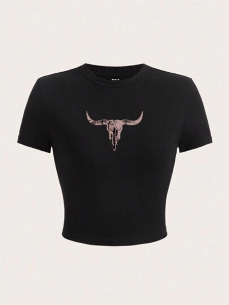 SHEIN EZwear Casual Minimalist Cow Head Graphic Round Neck Short Sleeve Cropped Fitted Women T-Shirt, Suitable For Summer Suitable For Going Out