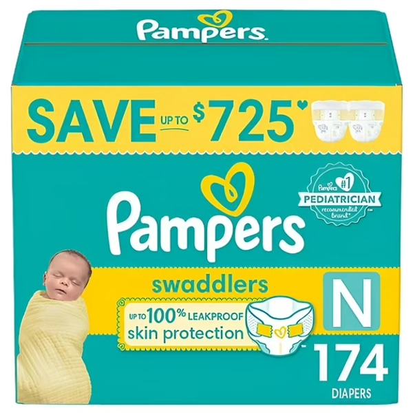 Pampers Swaddlers Diapers, Newborn (Less than 10 Pounds), 174 Count