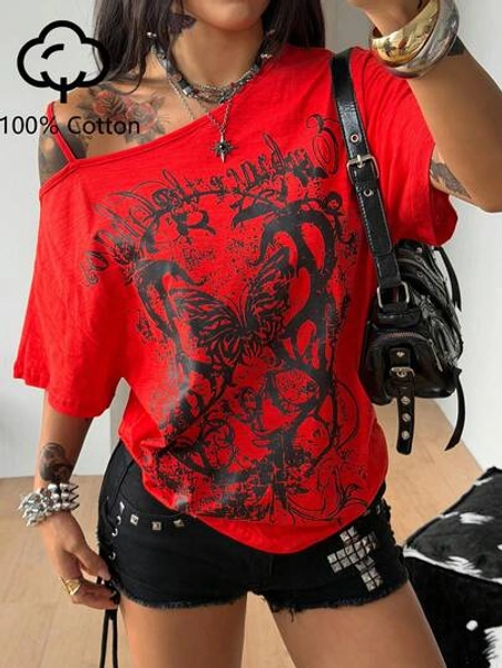 Coolane Women's Red And Black Summer Grunge T-Shirt,Y2K Hip-Hop Vintage Streetwear Asymmetrical Neck Shortsleeve Pullover,Night Out Music Festival Red Top - Size XS