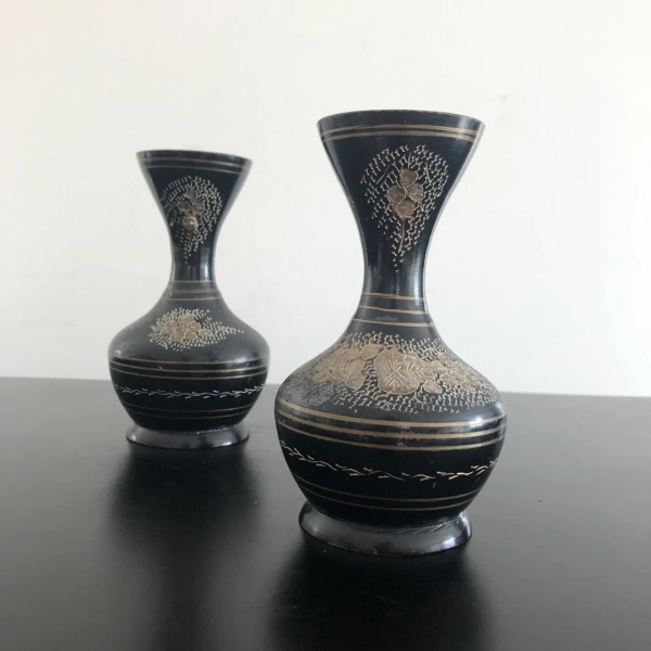Vintage Black Brass Vases: Engraved Indian Boho Decor, Pair - Etsy Australia