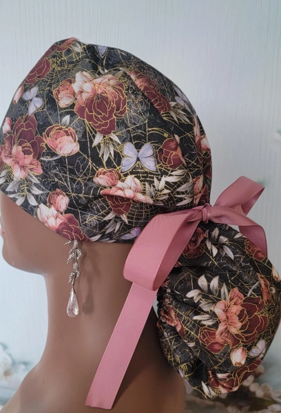 Floral Ponytail Scrub Cap with Buttons, Satin Lined Option