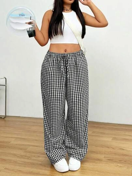 SHEIN EZwear Plus Size Casual Loose Plaid Elastic Waist Wide-Leg Pants