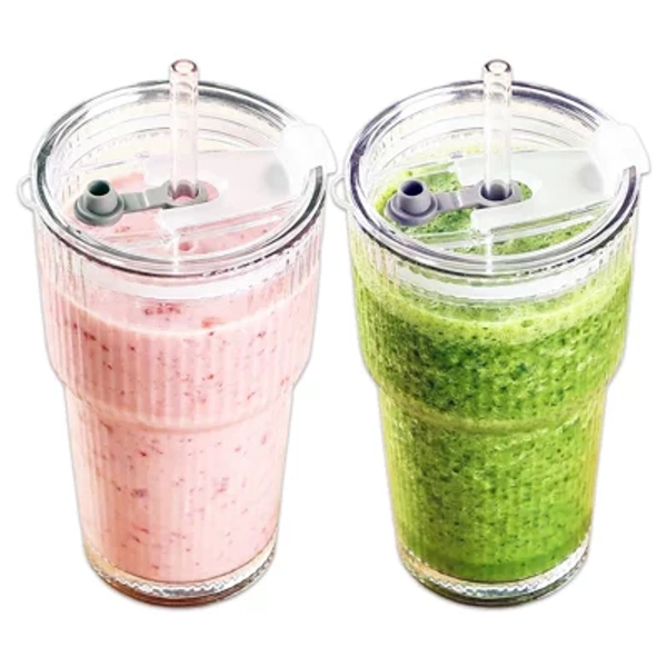 Spares2Go Glass Tumblers With Straws And Lids Thick Clear Ribbed 3-In-1 Cup Glasses (600Ml Capacity, Pack Of 2)