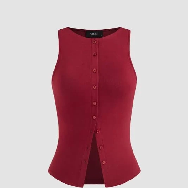 CIDER Women's Slim Fit Soft Stretchy Knit Button Crop Tank Top Flattering Versatile Styling Summer Office-to-Weekend