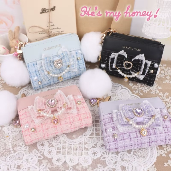 Japanese Mine Women's Change Bag Lolita Sweet Bow Lace Edge Rhinestone Short Wallet Card Bag Girls Gift Ladies Purses - AliExpress 1524