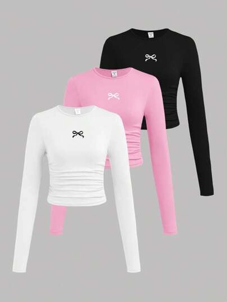 SHEIN Girlism 3pcs/Set Tween Girls' Fitted Casual Solid Color Round Neck Ruched Long Sleeve T-Shirts Girls Tight Tops 3 Pack Tops Long Sleeve Tops Girls Teen Long Sleeve Crop Top Fall Winter