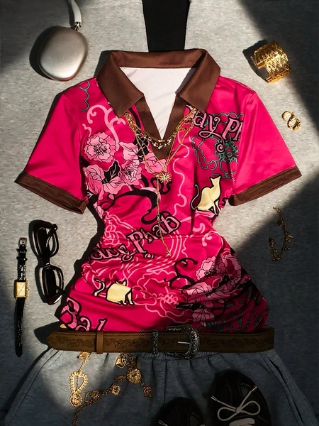 IslaSuriya Women's Floral Hot Pink Retro 90s Inspired 2000s Polo Collar Printed Short-Sleeved T-Shirt Summer Casual Streetwear Y2k Music Festival Night Out