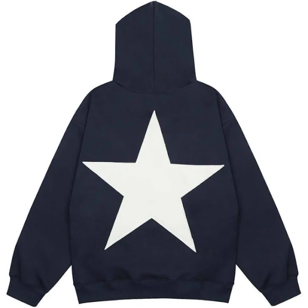 Aelfric Eden Vintage Star Print navy blue er hoodie for Men - Y2K Hiphop Harajuku Streetwear Pullover with Color Contrast, Loose Cotton Hood and