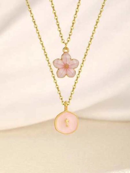 2 Pcs/Set Cute Fashionable Popular Pink White Blue Geometric Cross Five-Leaf Flower Pendant Gold Necklace For Women - Elegant And Simple Christian Jewelry Gift For Christmas, Thanksgiving, Mother's Day, Ascension Day And Year-Round Wear