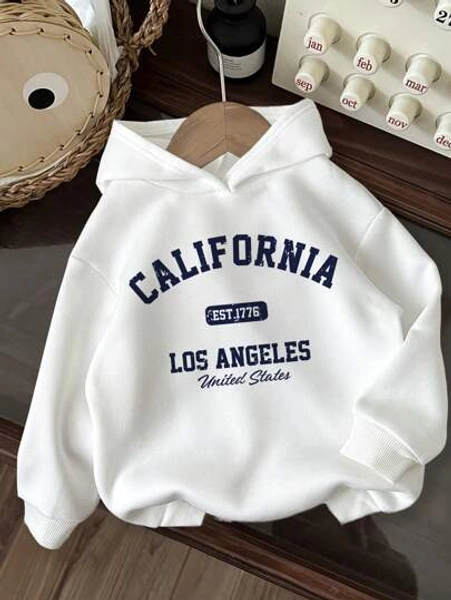 SHEIN College Style Letter Print Tween Girl Casual Long Sleeve Hoodie Sweatshirt, Thickened For Autumn/Winter