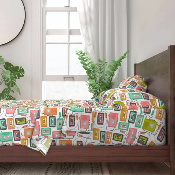100% Cotton Sheets 4pc Set Cassette Music Custom Bedding by Spoonflower