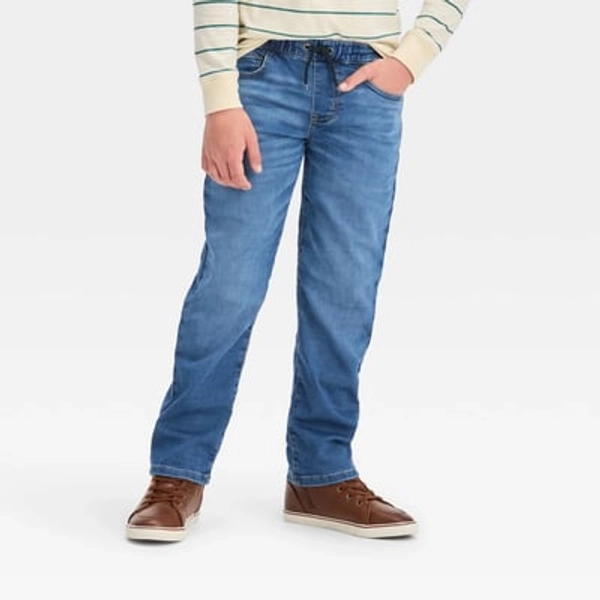 Boys' Straight Pull-On Pants - Cat & Jack™ Medium Wash 5: Super Stretch, Elastic Waistband