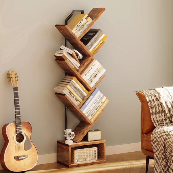 Casacomoda 6-Tier Tree Bookshelf for Corner & Small Space — Narrow Steel & Wood Bookcase, Tall Floor Standing Book Organizer Shelf with Storage Cabinet, Home Decor for Living Room, Bedroom, Vintage - Walmart.com