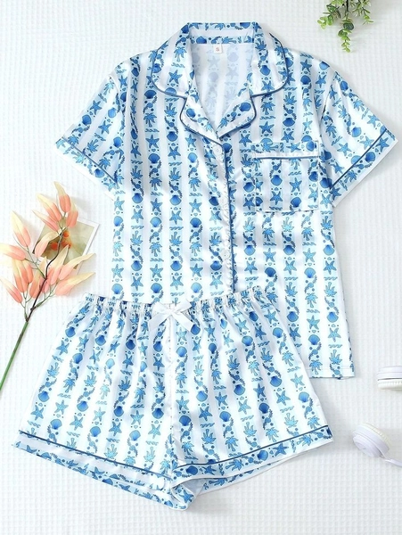 2pcs Satin Pajama Set, Blue & White Striped Starfish & Shell Print Short Sleeve Collared Top And Bow Shorts, Women Sleepwear Loungewear in 2025 | Sleepwear women, Bow shorts, Satin pyjama set