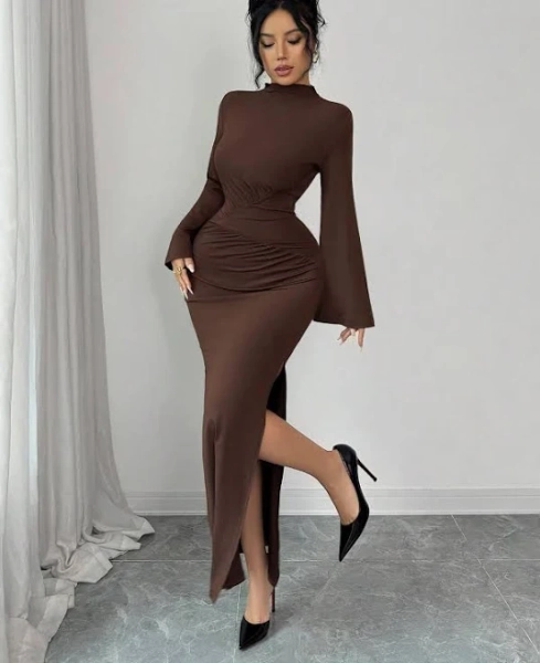 SHEIN New Design Women's Knitted Long Sleeve Elegant Party Midi Dress With Side Slit, Waist Drawstring,L