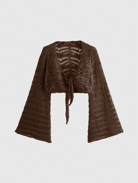 Fairycore Plus Size Summer Beach Hollow Out Tie Front Crochet Cardigan, School, For Winter