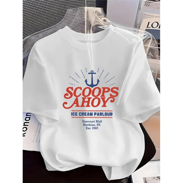 1pc Women's Nautical Vintage Short Sleeve T-Shirt - Nautical Vintage Print with Nautical Motifs, Casual Loose Fit Ice Cream Shop Style Top, Birthday Outfit, Ice Cream Parlor Attire, Machine Washable Gift Apparel