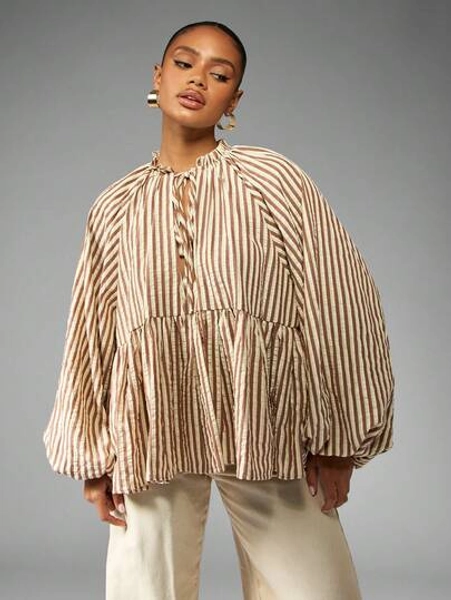 MISSGUIDED Balloon Sleeve Striped Peasant Blouse Volume Top With Ruffled Neck High Waist Empire Cut Fall Winter Casual Feminine Daytime Fashion