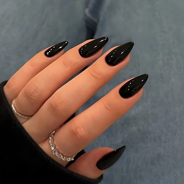25 unidades (24 Unhas Postiças Vestíveis e 1 Saco de Embalagem) Unhas de Amêndoa de Comprimento Médio, Unhas Pretas de Pressão, Unhas Falsas Acrílicas de Cor Sólida Média, Unhas Stiletto, Longa Duração para Unhas de Mulheres, Decoração de Dedos