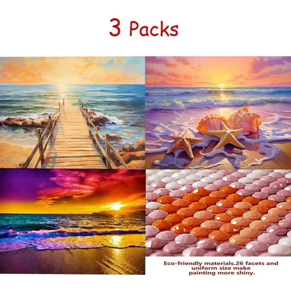 HsdsBebe Sunset on Sea Diamond Art Craft Kit 5D Full Round 3 Piece