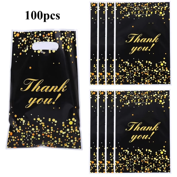 100 Pcs Thank You Gift Bags Bulk Black and Gold Plastic Bags with Handles Black Goodie Treat Shopping Wrap for Birthday Party Favors Small Business Merchandise Graduation, 6.7" x 9.8" - Walmart.com