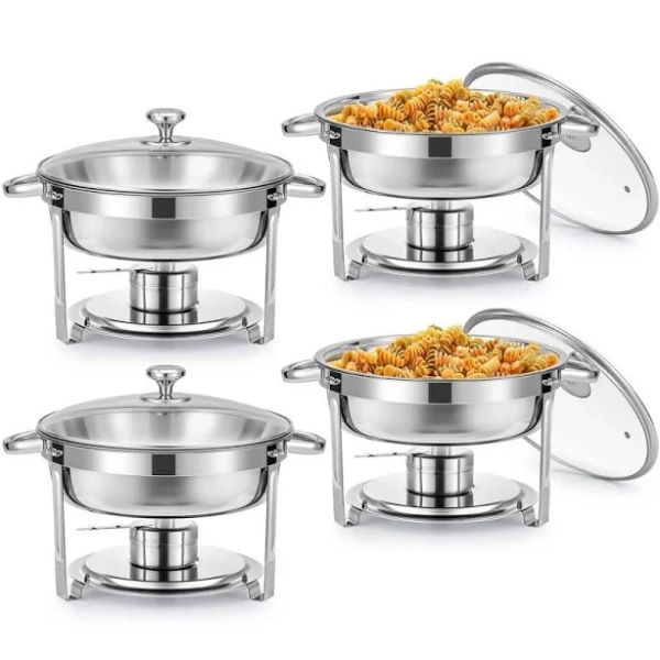 wilprep 4 Pack 6 qt Stainless Steel Round Chafing Dishes Buffet Set