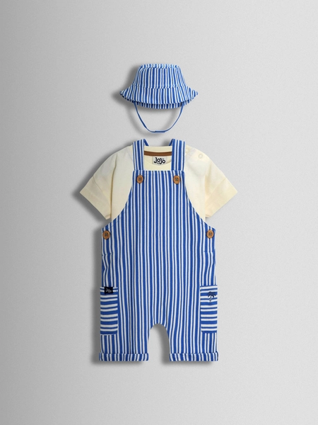 Blue 3-Piece Stripe Dungarees & T-Shirt Set with Hat