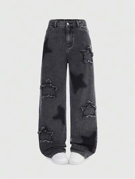 SHEIN Teen Girls Y2K Street Casual Chic Light Wash Distressed Star Embroidered Elastic Waist Loose Jeans, Baggy Y2k Jeans,Tops, School, Campus, College