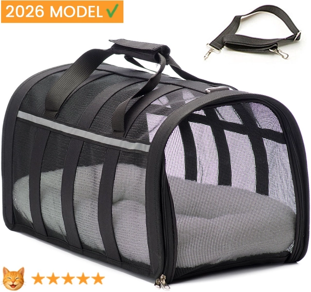 Luxe katten reismand - 47x27x25cm - Reismand kat - Zwart - Opvouwbaar met schouderband en comfortabele mat - Kattenmand - Extra stevig & veilig model